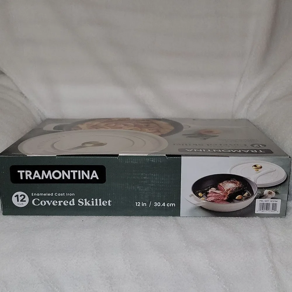 Tramontina 12 Inch Enameled Cast Iron Skillet & Covered Lid • White / Gold • New
